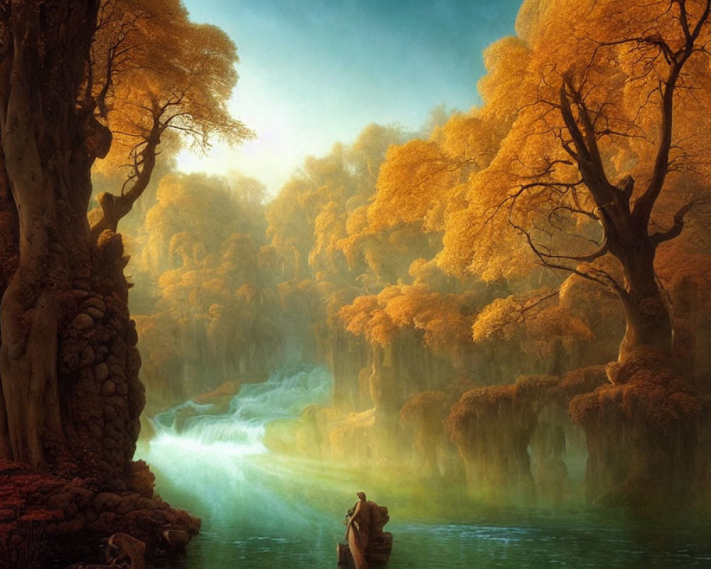 Tranquil autumn landscape with waterfall and boatman