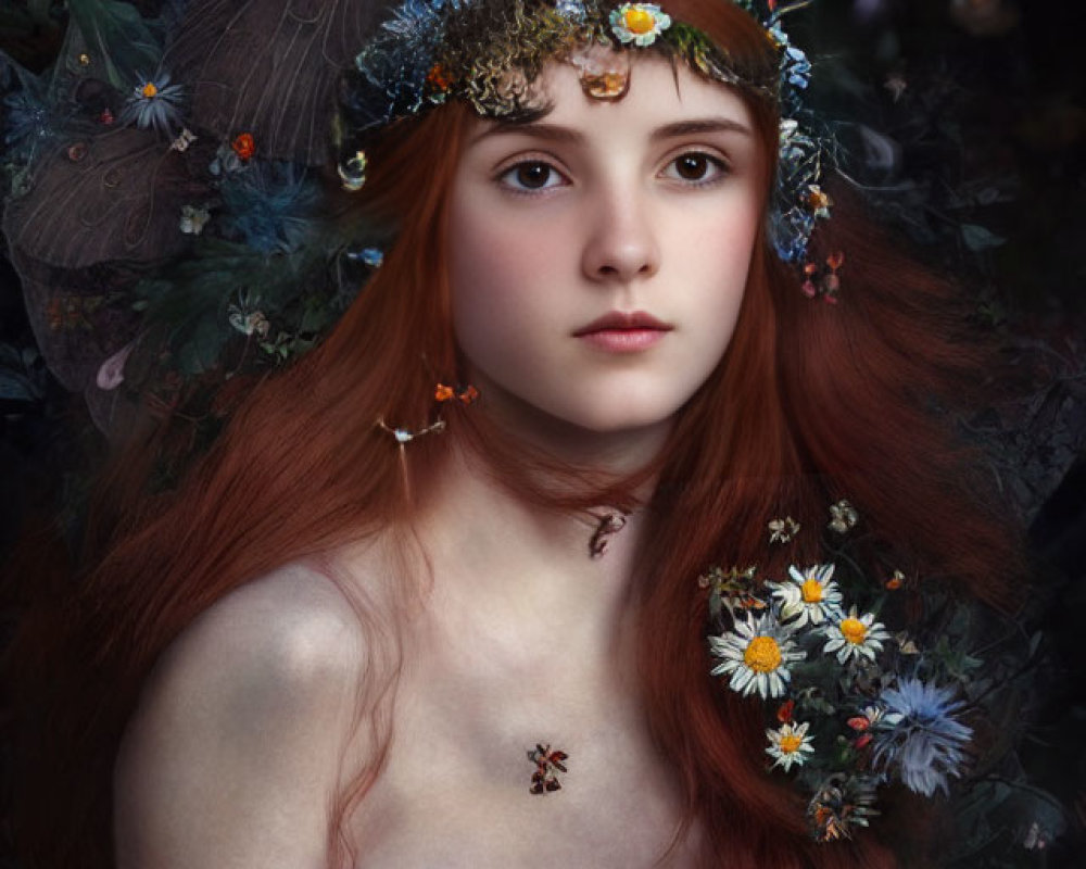 Fantasy portrait of red-haired fairy with floral headband and daisies in dark foliage.