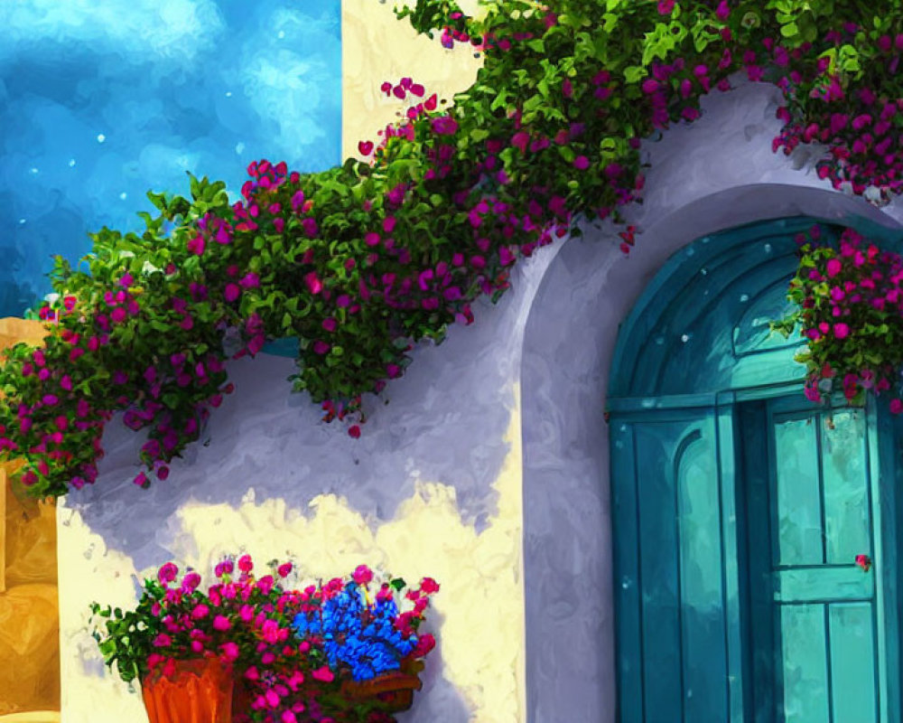 Colorful Mediterranean Scene with Woman by Turquoise Door