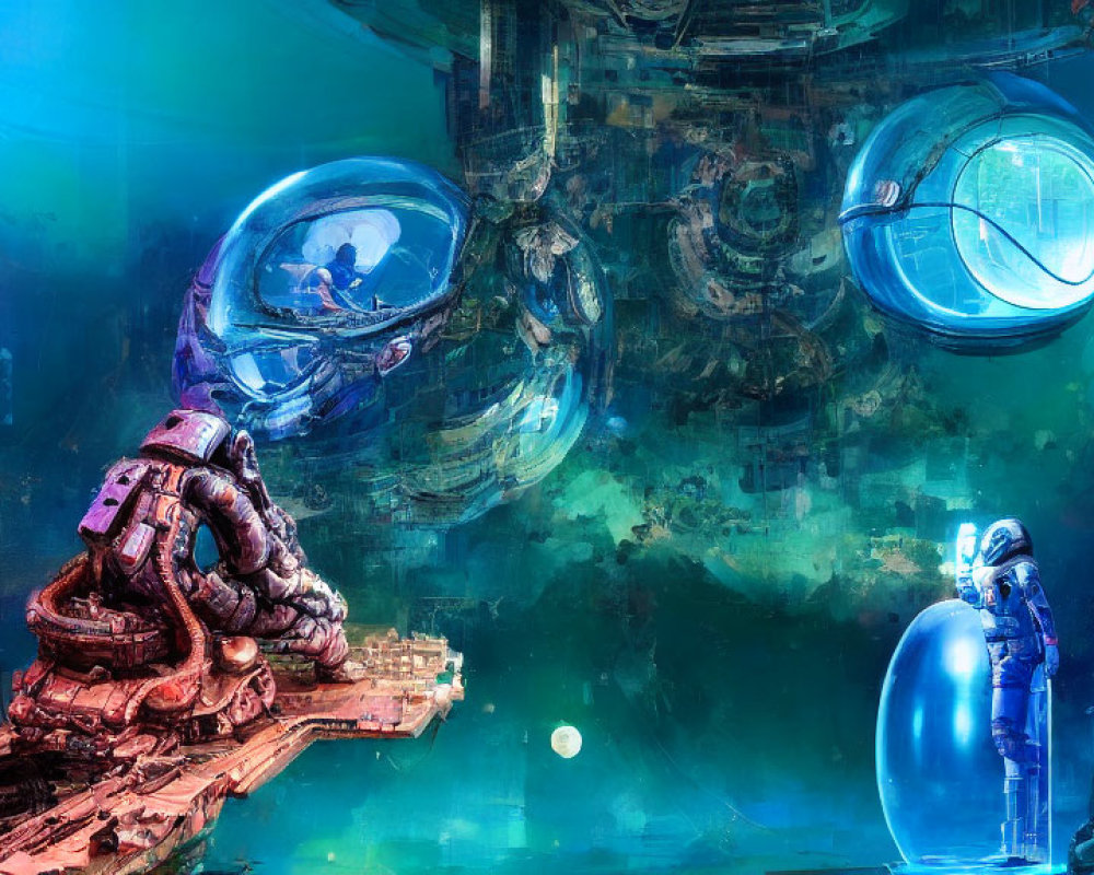 Astronauts explore underwater alien environment with futuristic structures