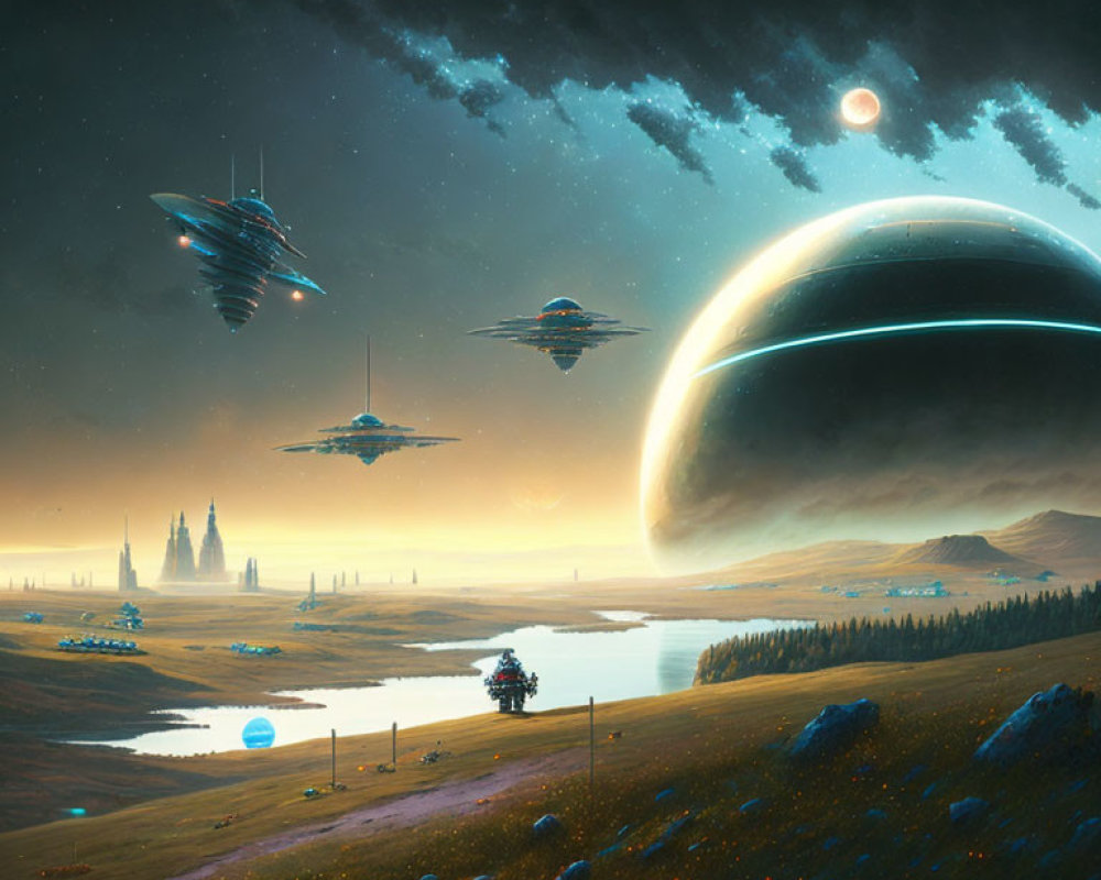 Futuristic sci-fi landscape with hovering spaceships and distant cityscape