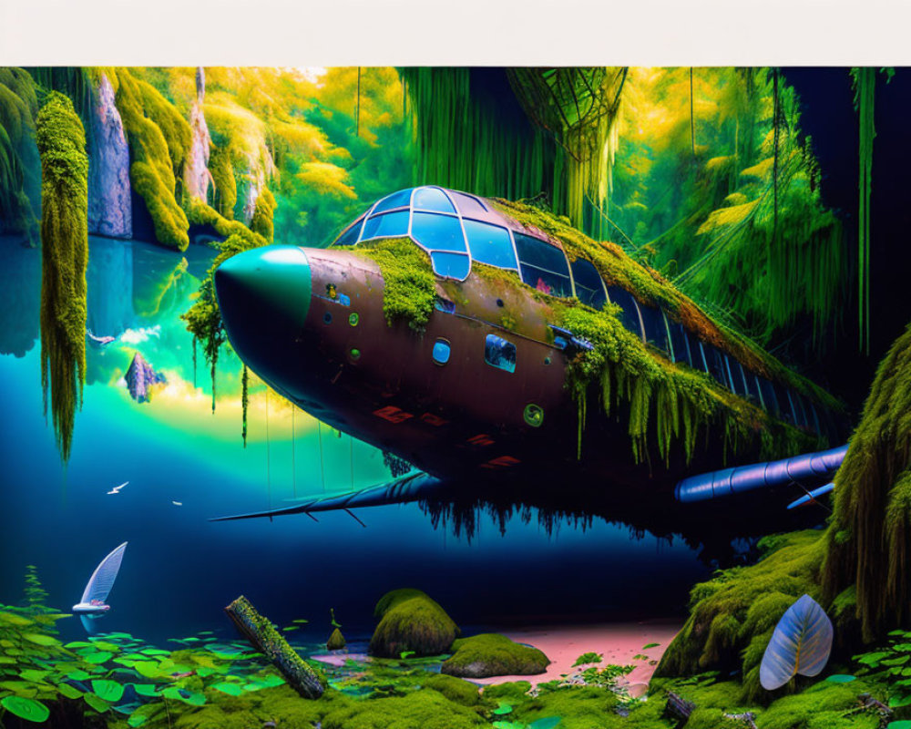 Abandoned airplane in lush forest with vibrant greenery