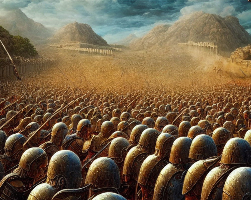 Ancient army with helmets and spears in battle formation.