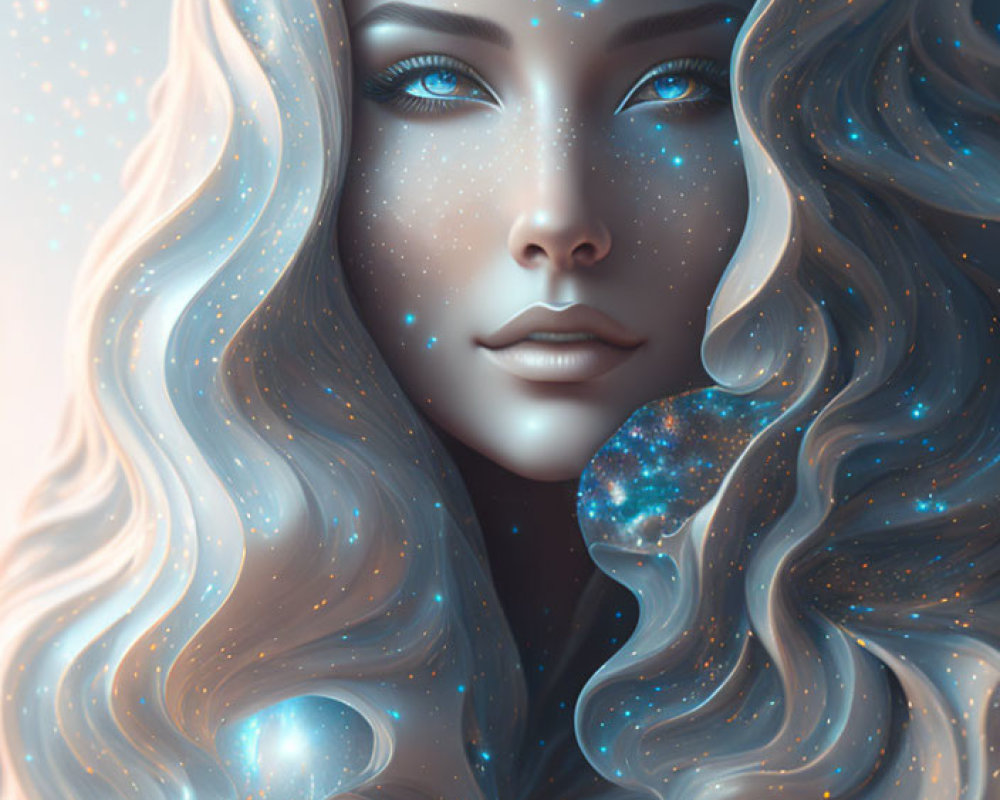 Digital portrait of woman with cosmic-themed flowing hair and starry skin.