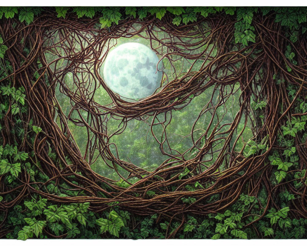 Moon viewed through intertwined branches and lush green leaves in dense forest.