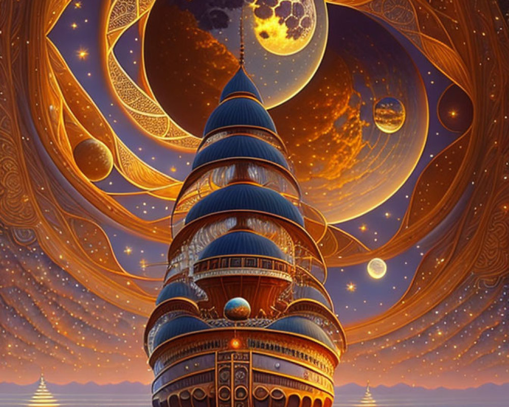 Fantastical tower reaching celestial scene with moons and stars