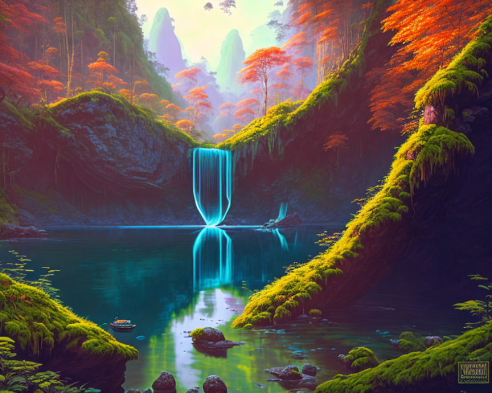 Mystical waterfall in lush autumn forest