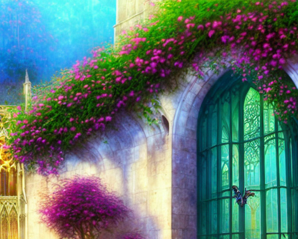 Colorful flowers adorn arched window of gothic building with stained glass