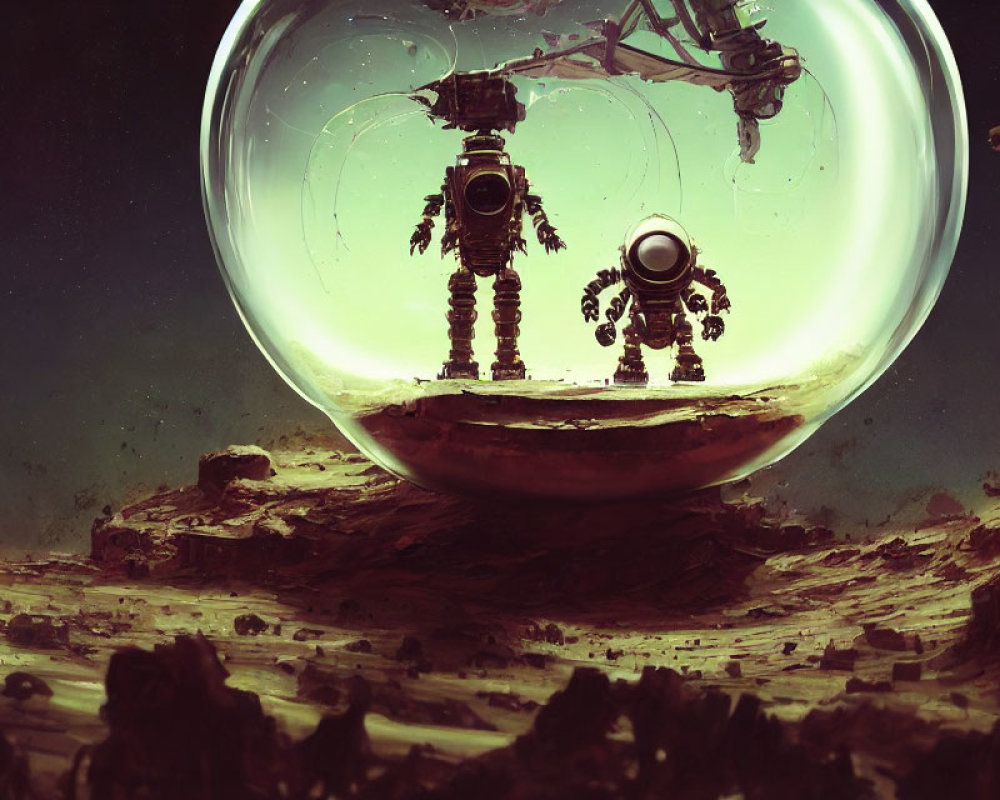 Robotic figures in transparent dome on alien planet landscape