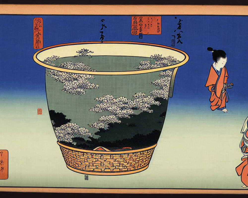 Traditional Japanese woodblock print featuring two women near ornate bowl & flowering tree design on solid background