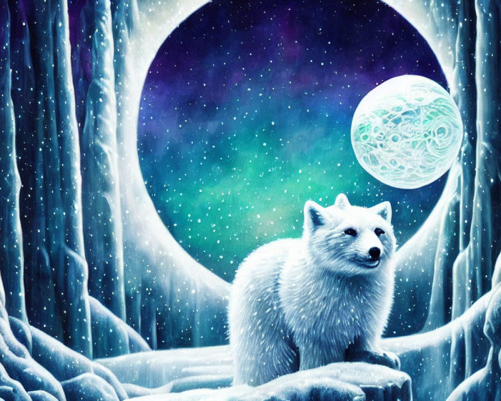 White fox in snowy landscape with icy columns under cosmic sky.