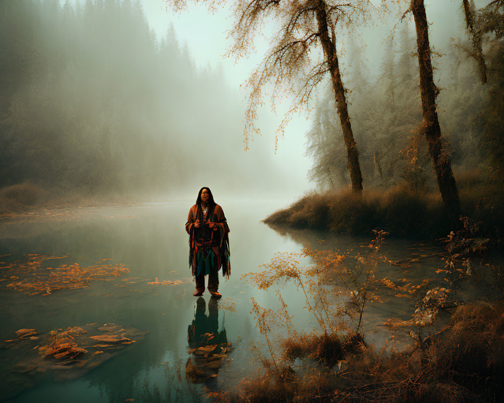 Autumnal scene: person in native attire by misty river with floating leaves