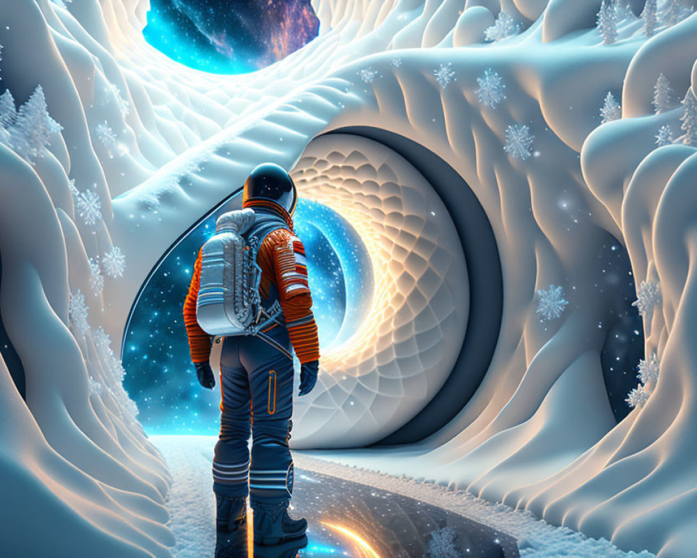 Astronaut in surreal icy landscape with futuristic architecture