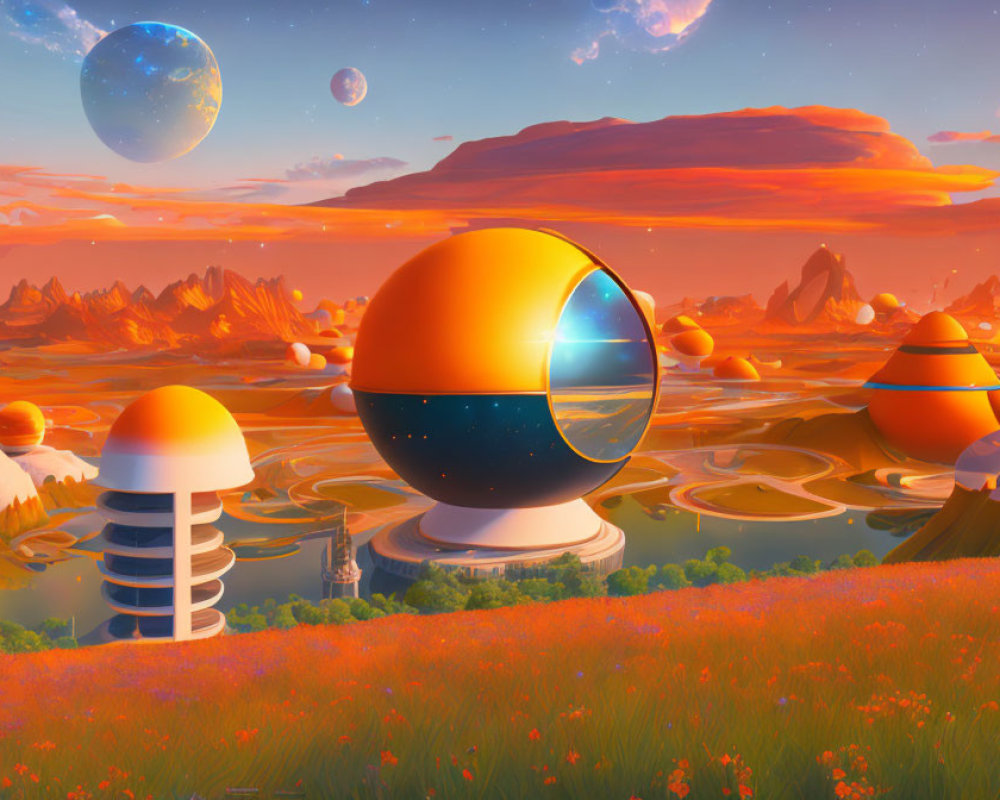 Surreal futuristic landscape with alien sky and reflective sphere