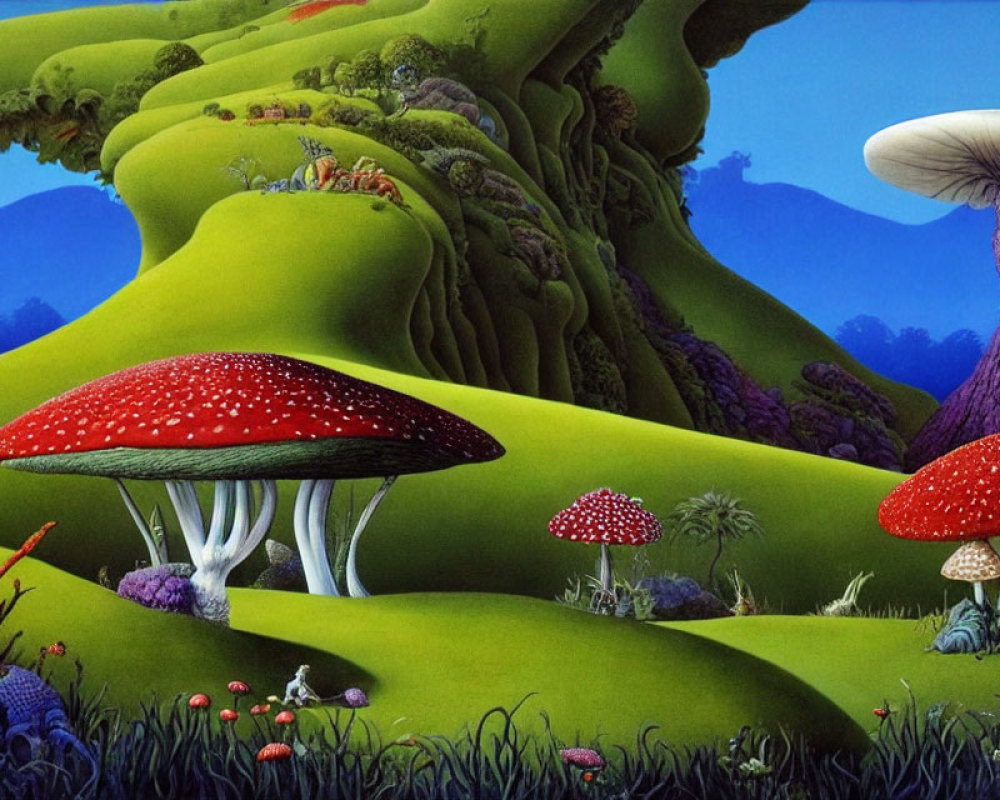 Fantastical landscape with oversized red-capped mushrooms and colorful flora