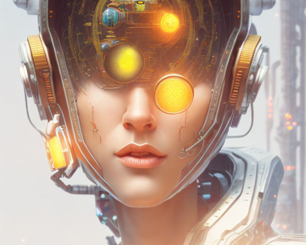 Transparent helmet female android with intricate circuitry on soft-lit cityscape.