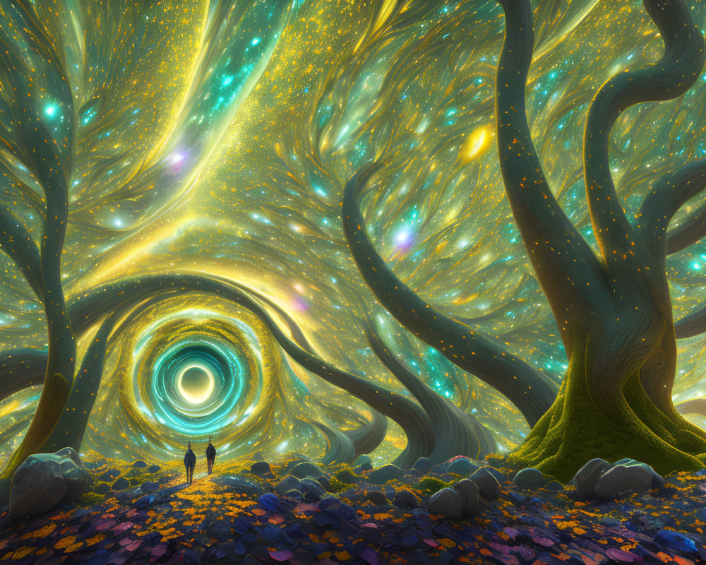 Person standing before swirling vortex in starry skies and colorful forest.