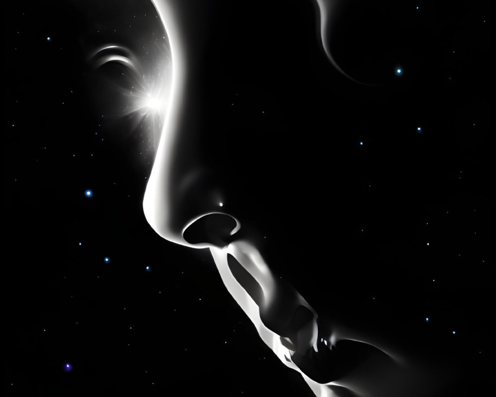 Monochrome surreal image of woman's face merging with starry space background