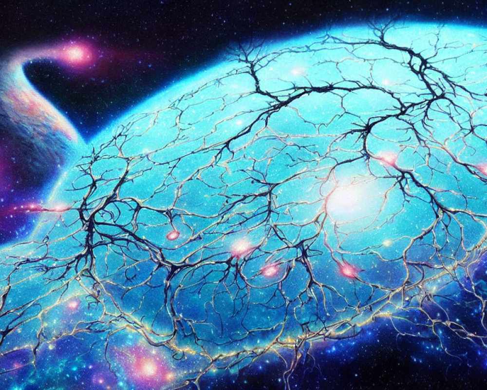 Cosmic-themed illustration of blue vein-like network amid stars & galaxies