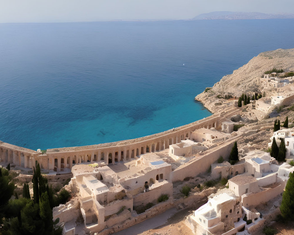 Semicircular ruins and white buildings by serene blue sea