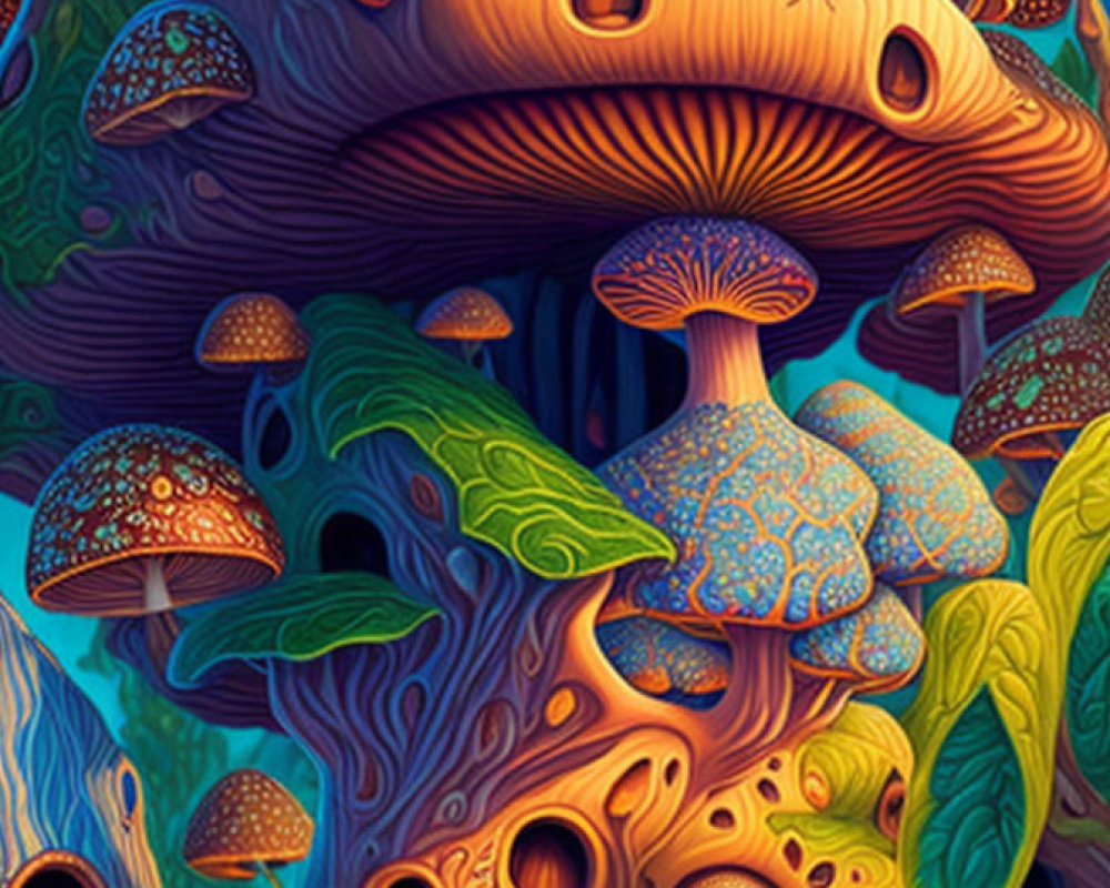 Colorful, intricate mushroom village illustration with whimsical details