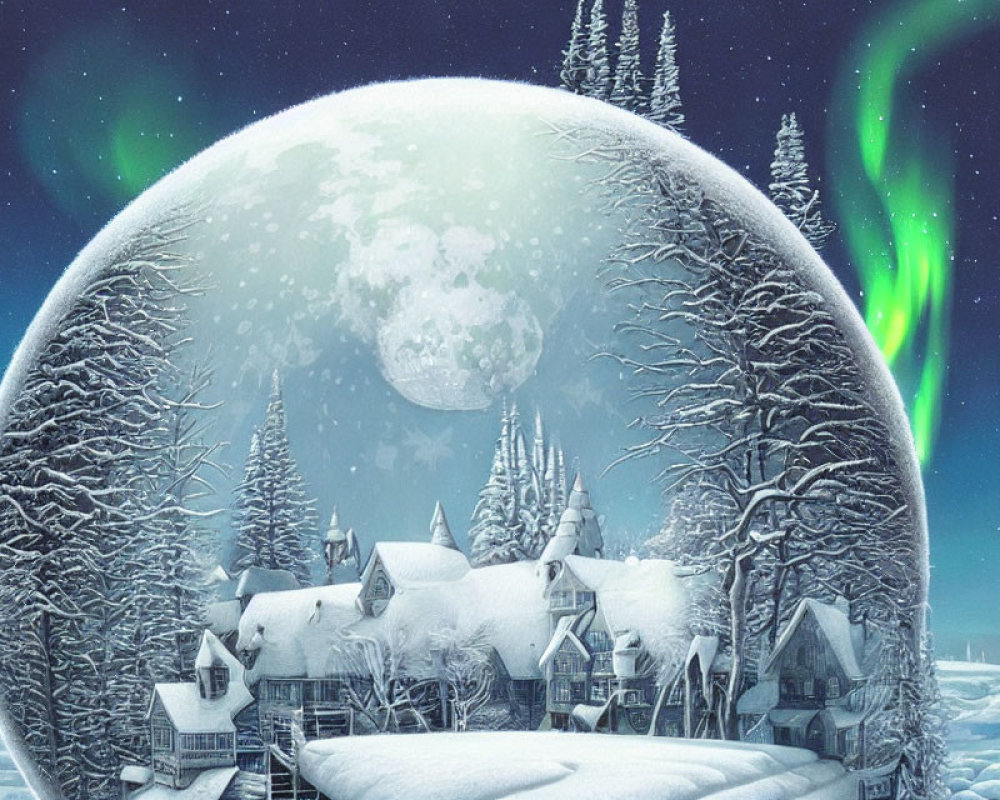 Snowy village under large moon with aurora borealis in night sky