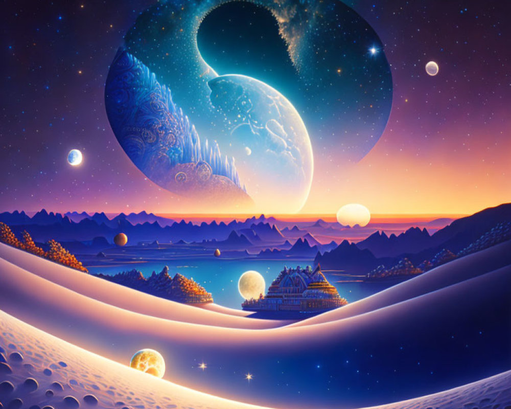 Surreal landscape with crescent moon, snowy mountains, and starry sky