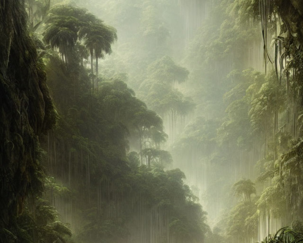 Lush Rainforest with Towering Trees and Hanging Vines