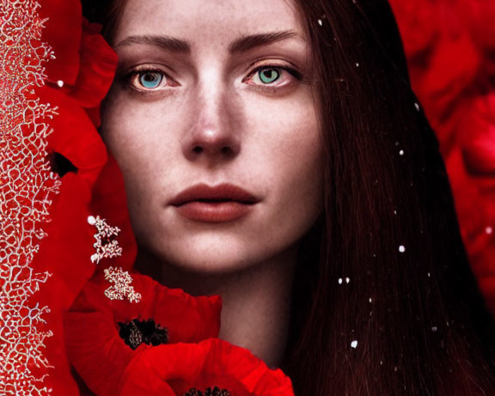 Woman with Striking Green Eyes Surrounded by Red Poppies and White Snowflakes