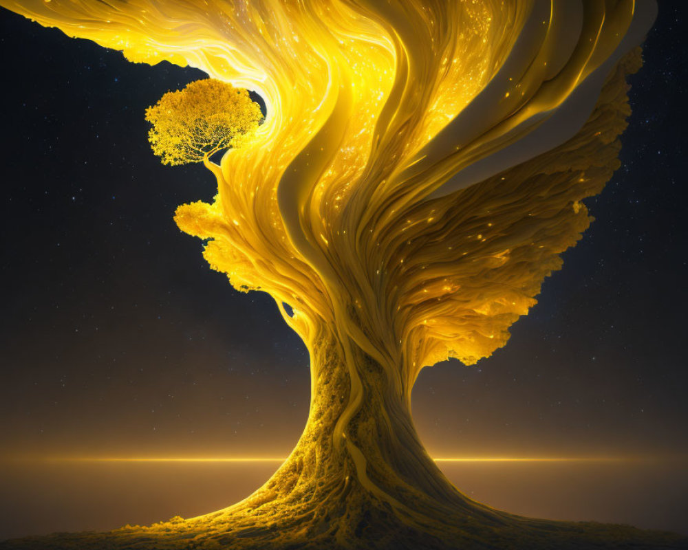 Glowing golden tree with yellow canopy on starry night sky