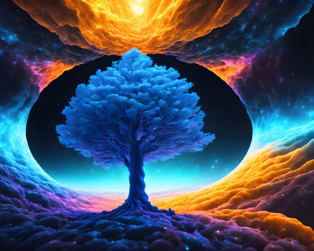 Surreal image of vibrant tree with blue foliage amid swirling orange and yellow clouds against starry sky