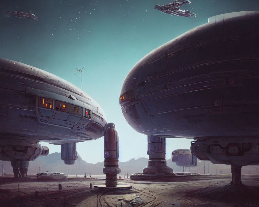 Futuristic spaceships docked on barren landscape with flying smaller ships under starry sky