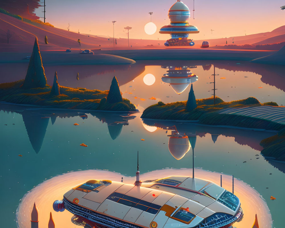 Futuristic landscape with orange sky, lake, mountains, trees, spacecraft, and planets.