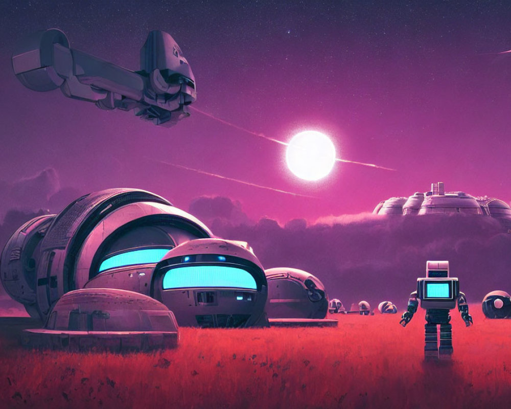 Futuristic robot observing sunset with space habitats and spaceship in purple alien landscape