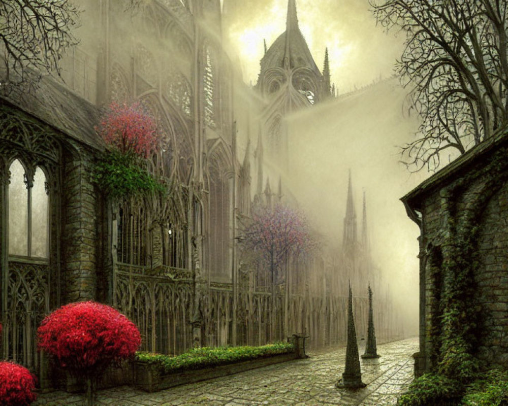 Gothic Cathedral in Mist with Flowering Trees and Cobblestone Path