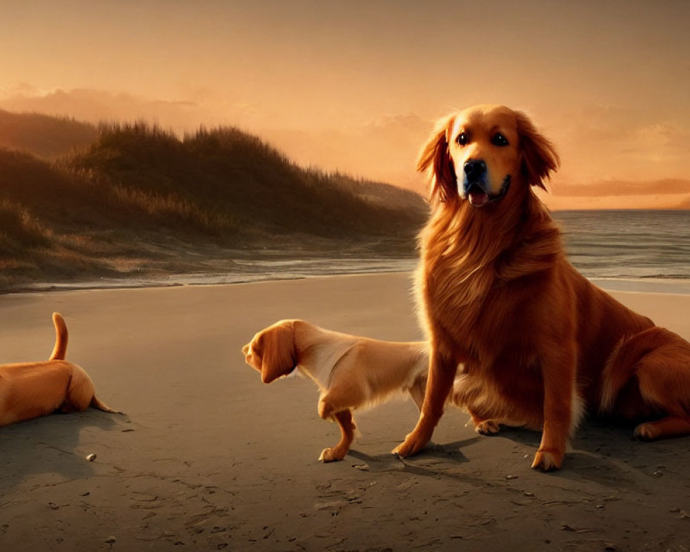 Golden retriever and two puppies on beach at sunset