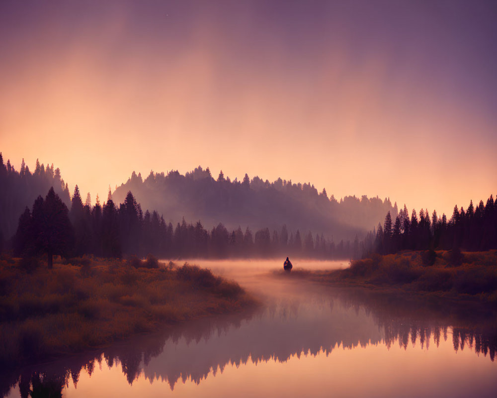 Misty River Dawn: Canoeist Surrounded by Silhouetted Trees