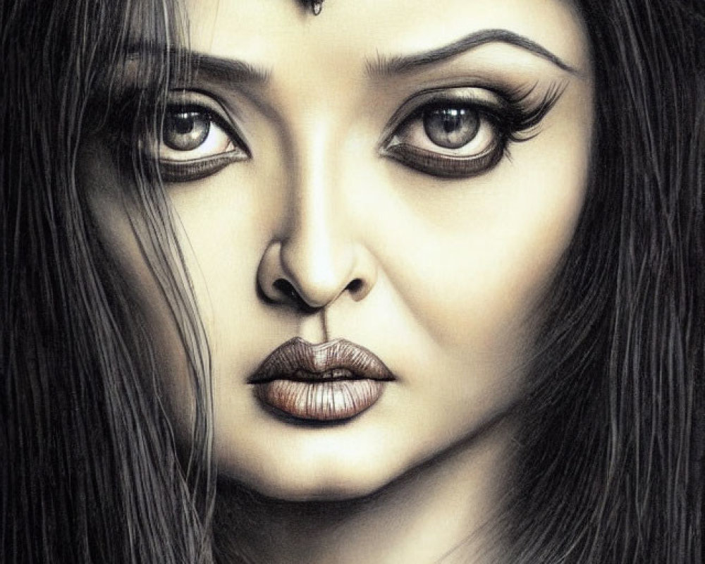 Detailed pencil sketch of woman with intense eyes, bindi, full lips, and flowing hair