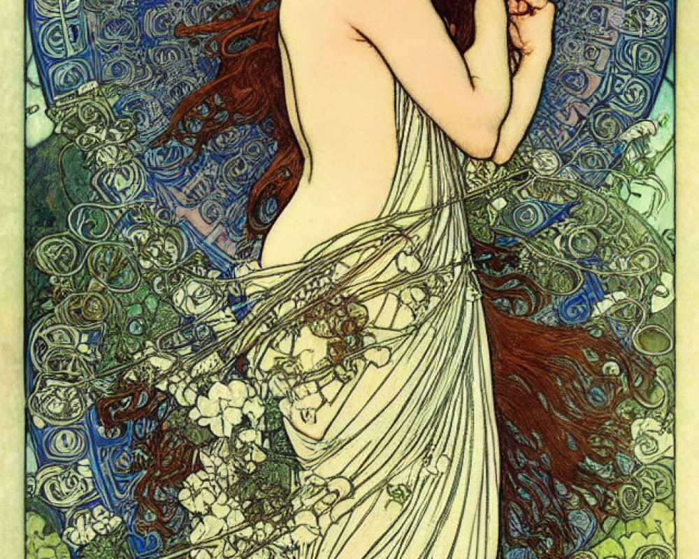 Art Nouveau Style Illustration of Woman with Red Hair and Floral Patterns