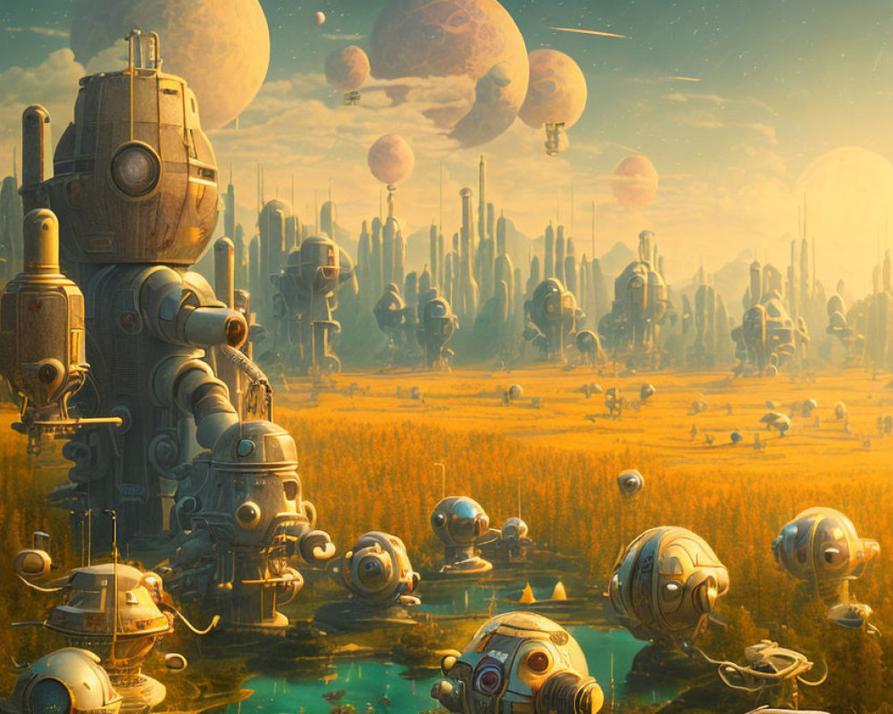 Futuristic landscape with robots, golden fields, spires, and celestial sky.