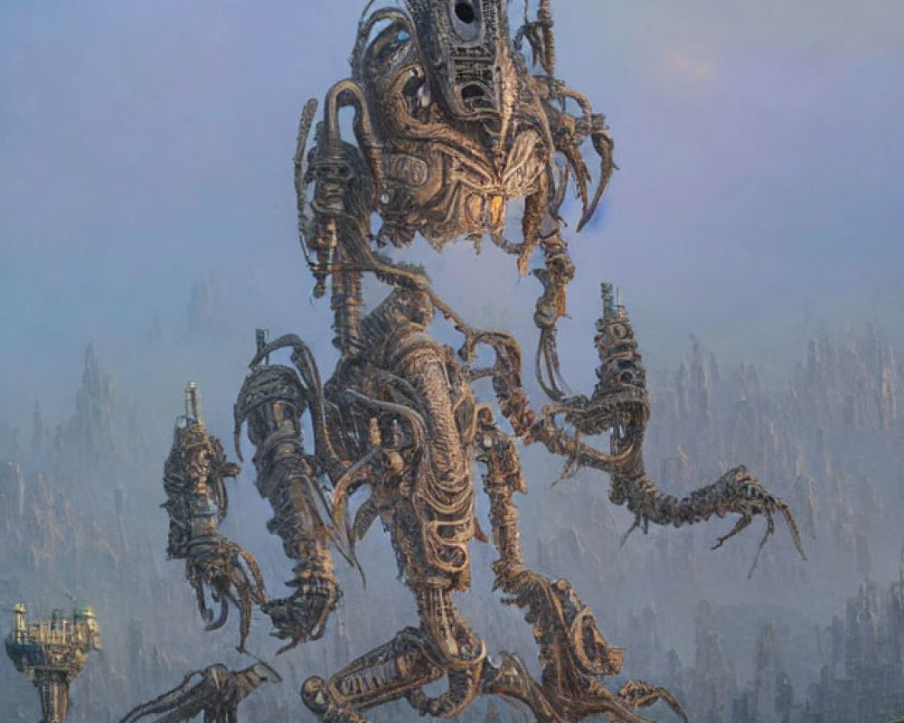 Gigantic biomechanical creature in dystopian landscape under small moon