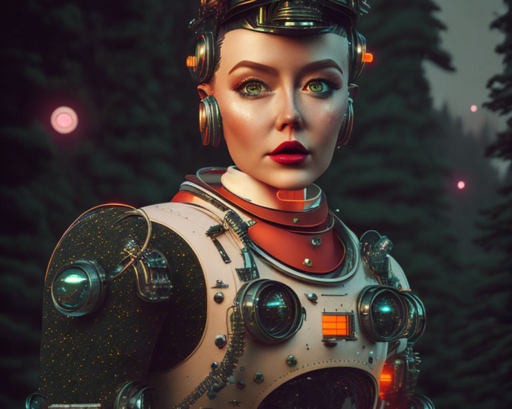 Female humanoid robot in intricate design against forest with glowing orbs