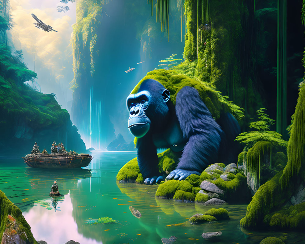 Majestic gorilla with glowing blue eyes in lush riverbank landscape