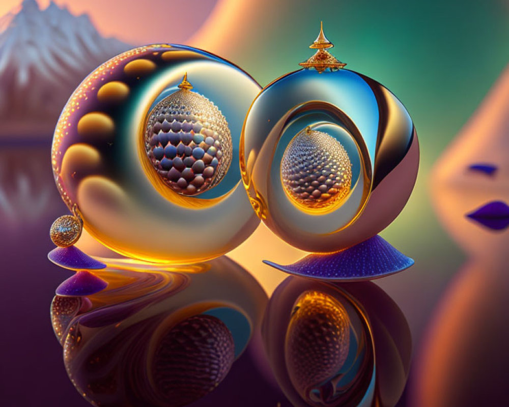 Abstract digital artwork: Reflective spherical shapes, intricate patterns, mountainous backdrop, serene color gradient