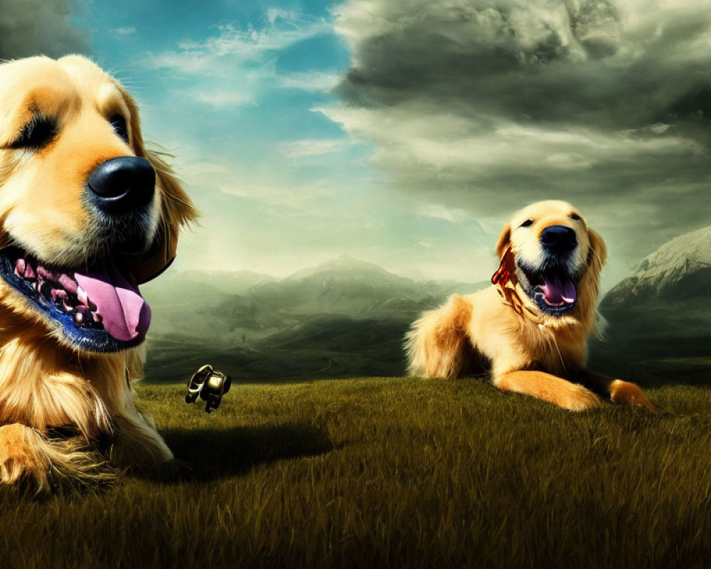 Two Golden Retrievers on Grass Field with Mountains and Dramatic Sky