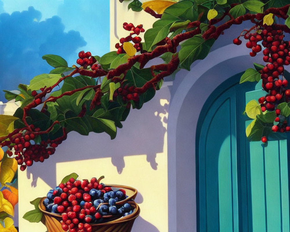 Colorful painting of coffee berries, teal door, basket of berries, and Mediterranean architecture