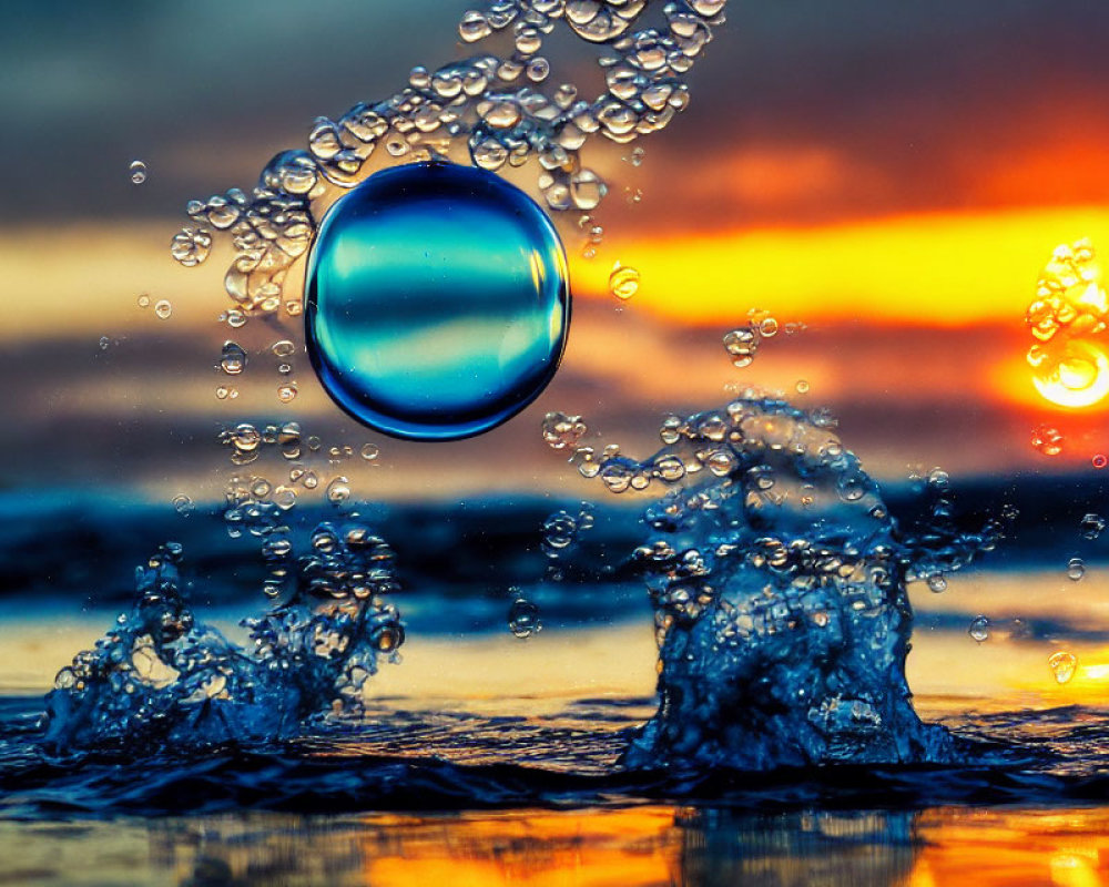 Levitating crystal ball over splashing water at sunset