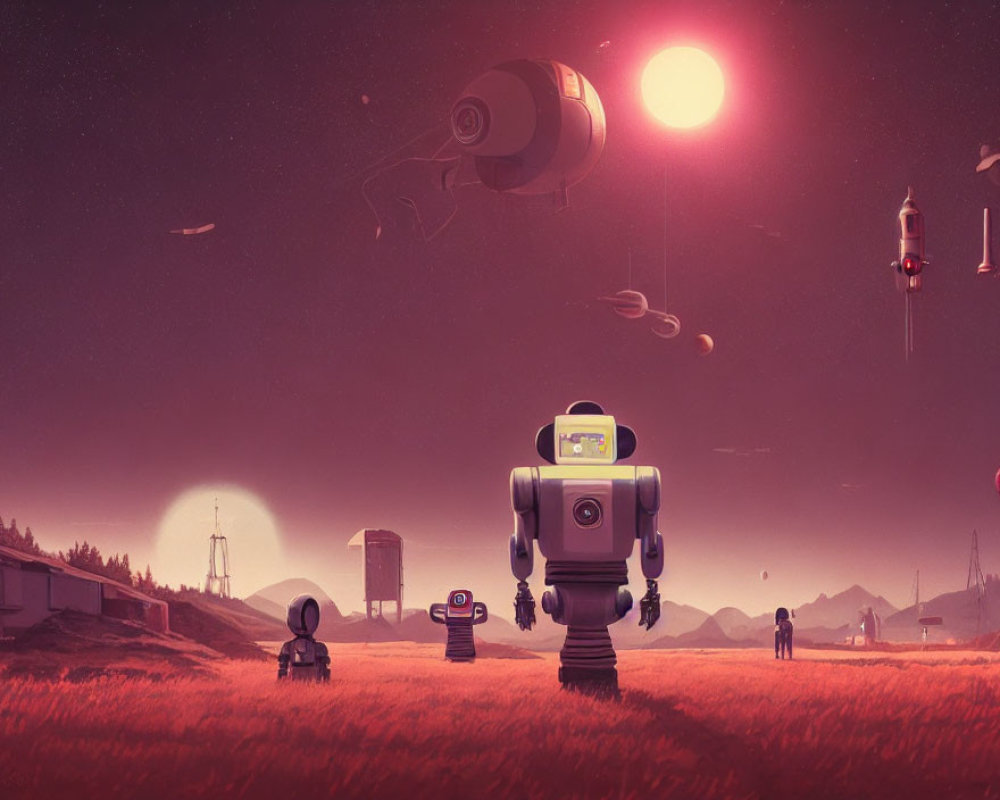 Sci-fi dusk landscape with robots, spacecraft, and setting sun