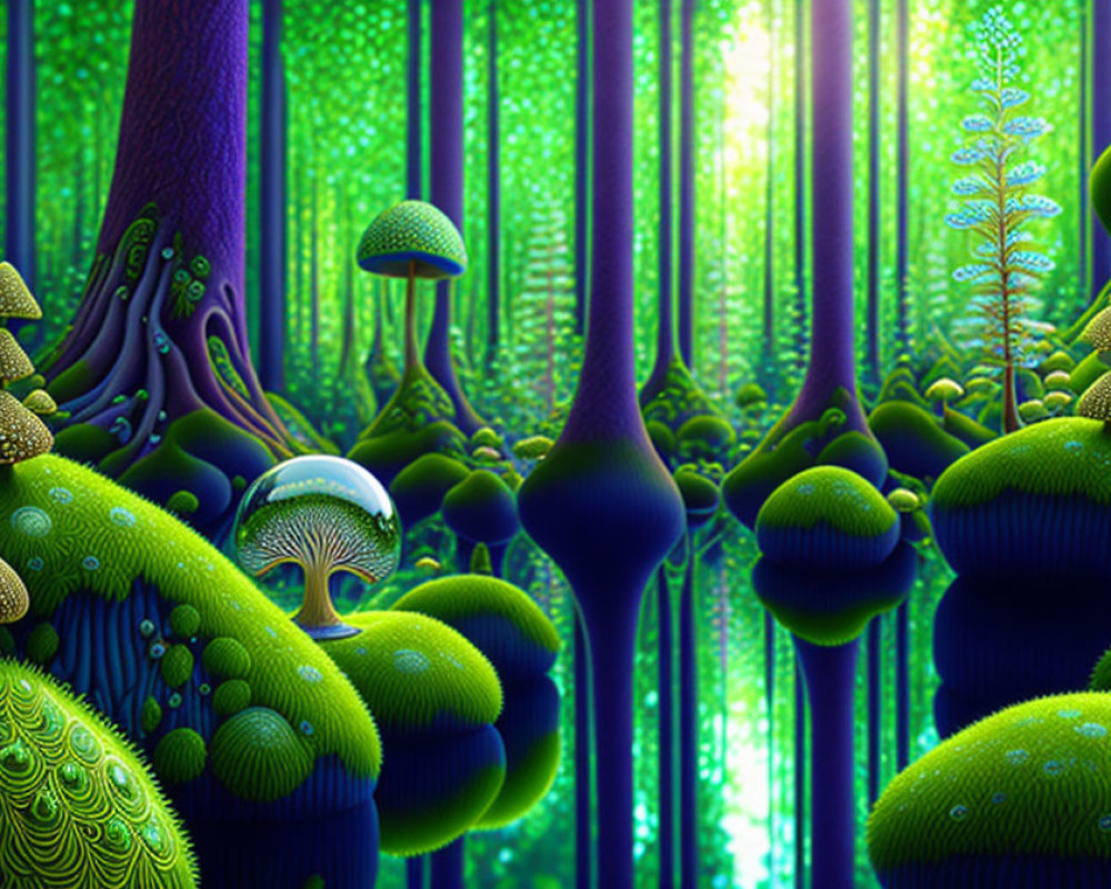 Fantastical forest with luminescent plants and neon-lit canopy
