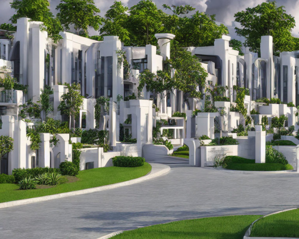 Modern residential complex with white vertical structures and green plants under partly cloudy sky